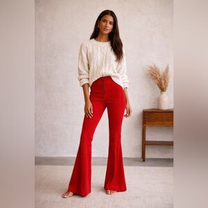 Free People FP Movement Red Ribbed Flare Pants Zip Front Yoga Leggings S